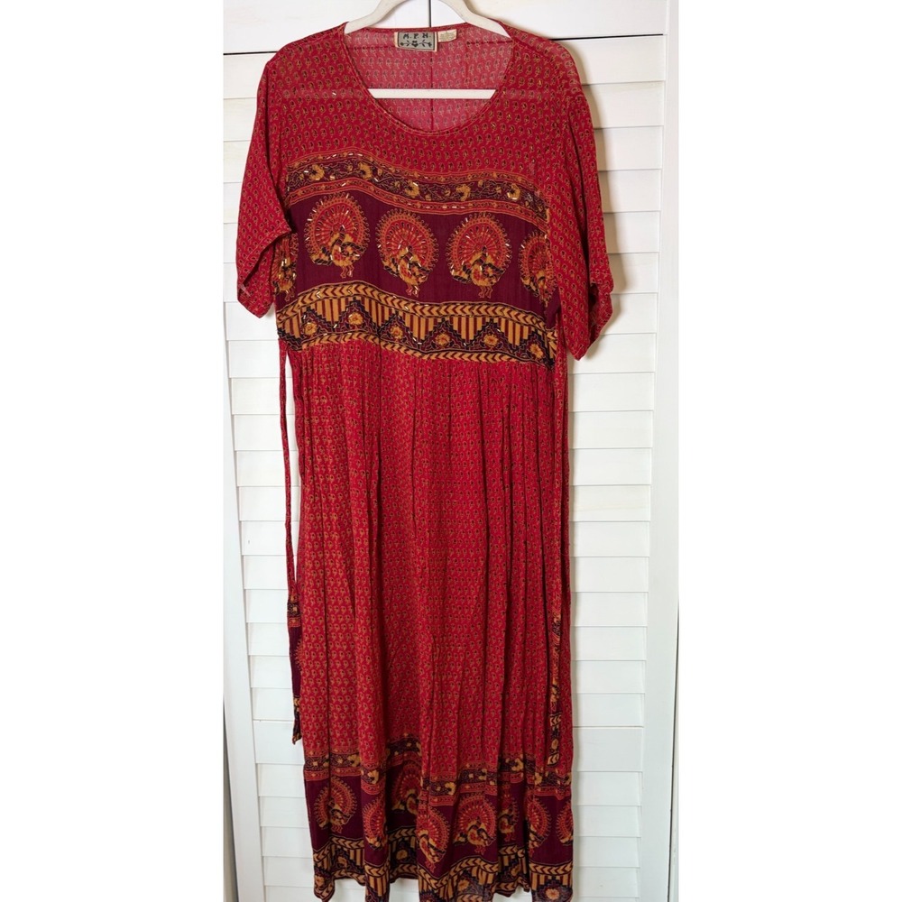 Vntg. MPH Beaded Boho Hippie Maxi Tie Back Festival Women's Dress | Large